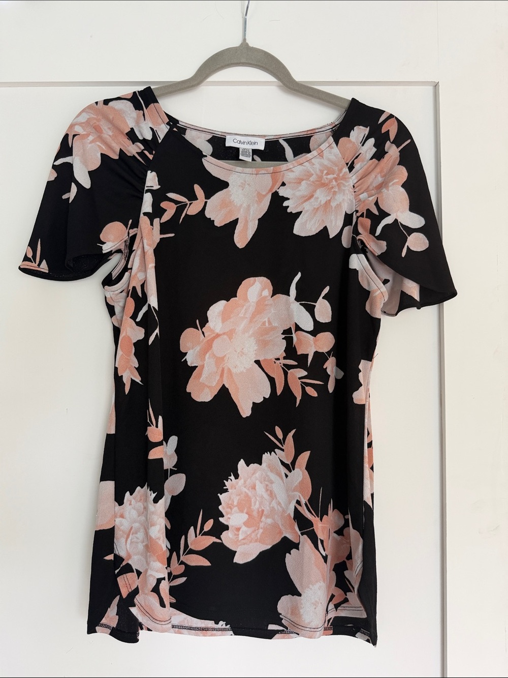Calvin Klein Black Top with Soft Pink Floral Print